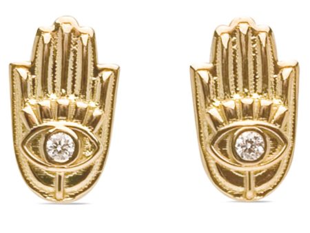 Yellow Gold Diamond Hamsa Stud Earrings on Sale