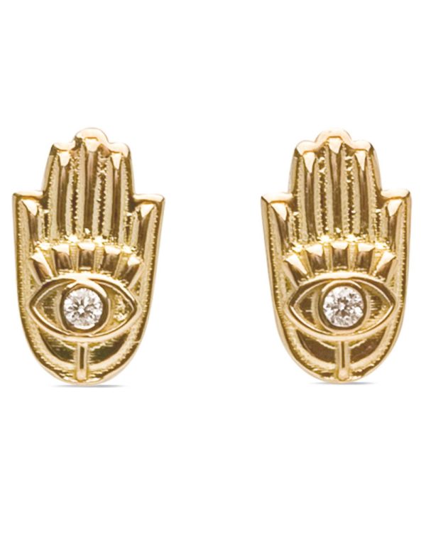 Yellow Gold Diamond Hamsa Stud Earrings on Sale