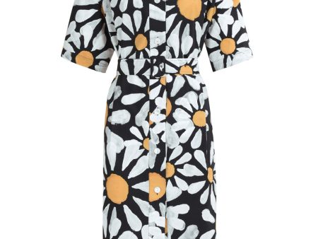 Black Daisy Print Belted Midi Dress Hot on Sale