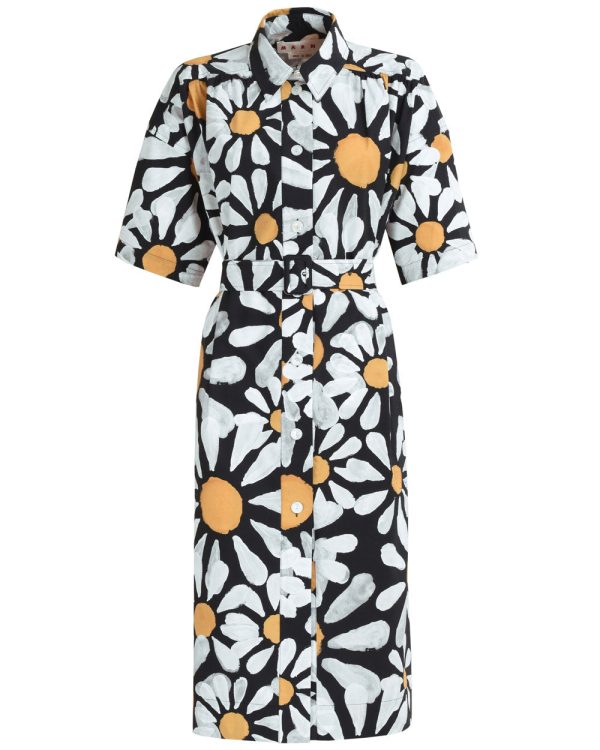 Black Daisy Print Belted Midi Dress Hot on Sale