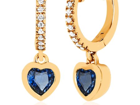 14k Yellow Gold Diamond and Blue Sapphire Huggie Heart Drop Earrings For Discount