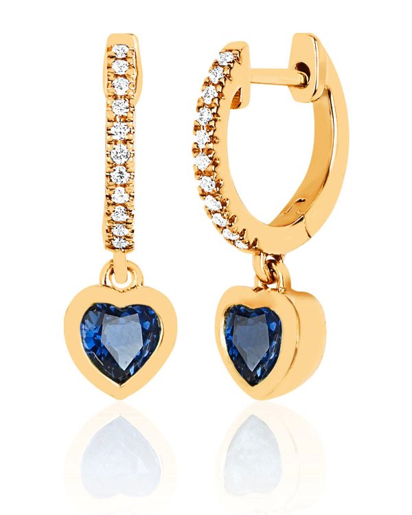 14k Yellow Gold Diamond and Blue Sapphire Huggie Heart Drop Earrings For Discount