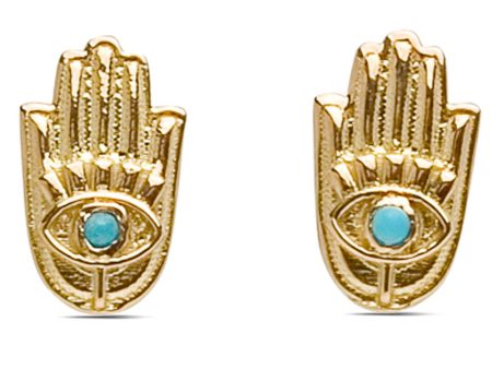 Yellow Gold Turquoise Hamsa Stud Earrings For Sale