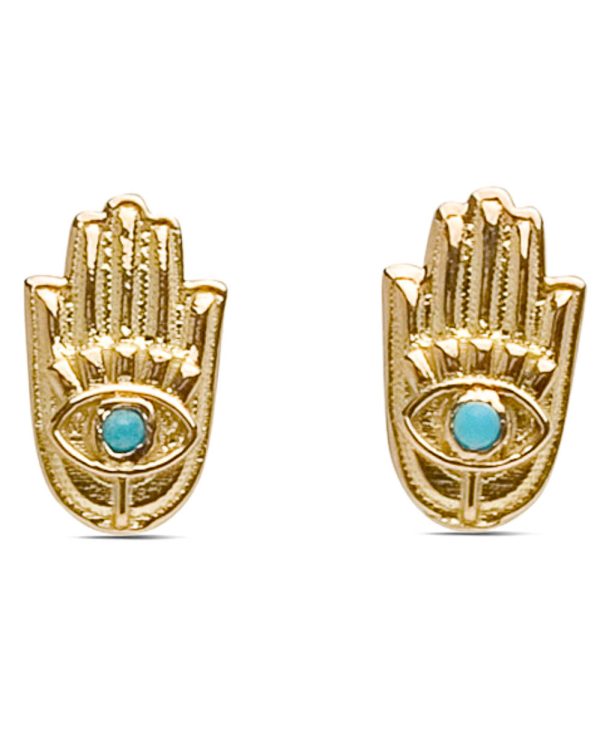 Yellow Gold Turquoise Hamsa Stud Earrings For Sale