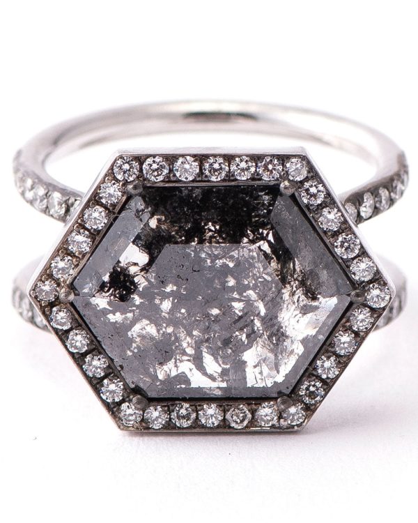 18k White Gold Rough Cut Diamond Hex Ring Cheap