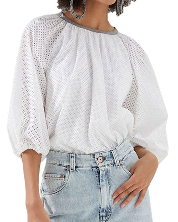 White Perforated Monili Collar Blouse Online now