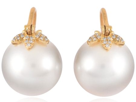 Yellow Gold and White Pearl Triple Leaf Earrings Cheap