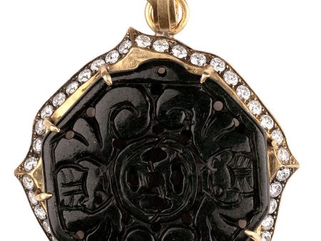 Yellow Gold Carved Black Jade Pendant For Cheap