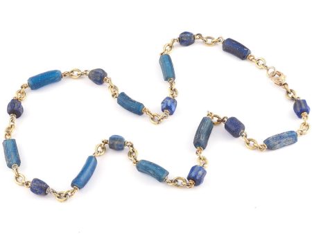 Yellow Gold Hand Blown Glass and Lapis Beaded Link Necklace Online now