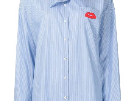 Azzurro and Blanc Stripe Tie Neck Fondo Shirt Online Sale