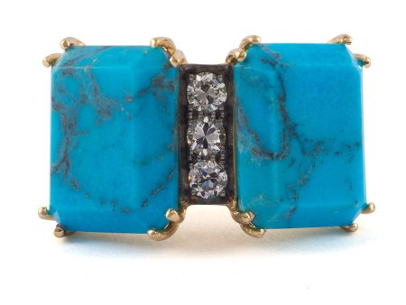 Yellow Gold Double Turquoise and Diamond Ring Online Hot Sale