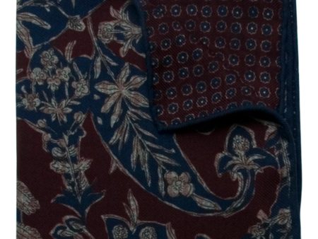 Wine and Navy Floral Wool Blend Pocket Square For Cheap