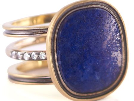 Yellow Gold Lapis and Diamond Oval Triple Shank Ring Cheap