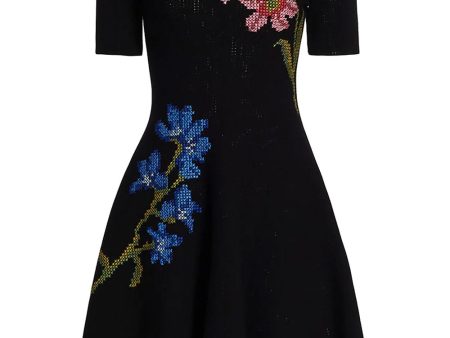 Black Cross Stitch Floral Embroidered Pointelle Dress Discount